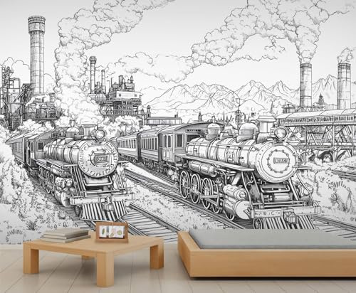 Dampflok Tapete Schwarz und Weiß Fabrikgebäude Schornsteine Schlafzimmer Tapete Berge und Brücken Wandbilder für Wohnzimmer Vintage Wandtapete Wandbild für Wohnzimmer Schlafzimmer 400 x 280 cm