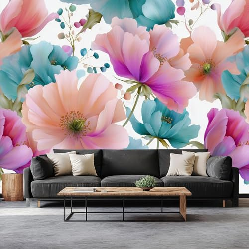 Bianco Carta da Parati Acquerello Piante Fiori Freschi Fotomurale Non Tessuto, Poster Gigante Decorazione da Muro, 200 x 140 cm per Soggiorno Camera Letto Ufficio TV Sfondo