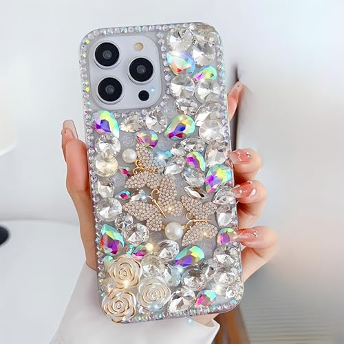 Ymyhyuxi Lyxigt 3D-fjäril, strass, telefonfodral för Motorola Edge 50, kristallbling, diamantskydd med rosor och pärlor, flickmodeskyddsfodral vit.