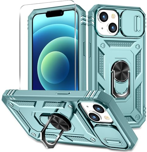 HAONANDE Custodia per Apple iPhone 13 / iPhone 14 con 1 Vetri Temperati, Cover Antiurto Grado Militare 360° con Copriobiettivo Scorrevole e Anello Magnetico per Supporto Auto Verde