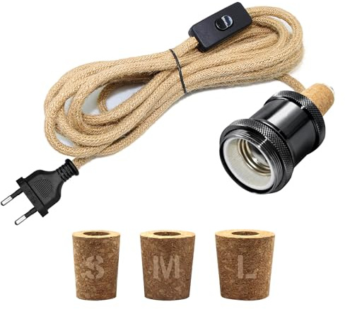 Adaptateur Bouteille pour Douille de Lampe, 240CM Corde de Chanvre Câble, Céramique Douille E27, Support Lampe Bouteille, 3 Bouchons Souples, Kit Lampe Bouteille pour Différent Abat Jour, Noir
