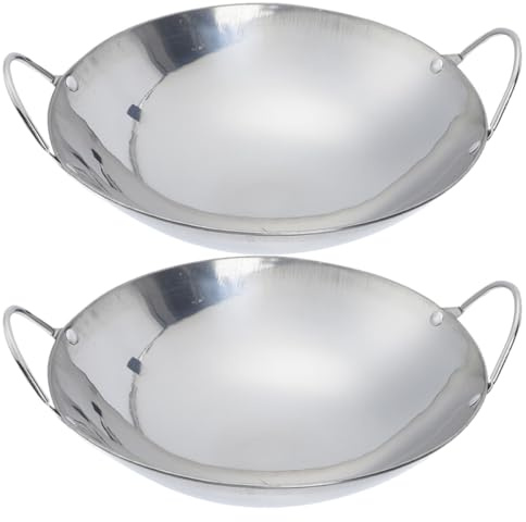 MAGICLULU Set 2 Pezzi Wock Padella in Acciaio Inox Doppio Manico, Pentole da Cucina Resistenti Riscaldamento Rapido per Piccoli Pasti e Hot Pot