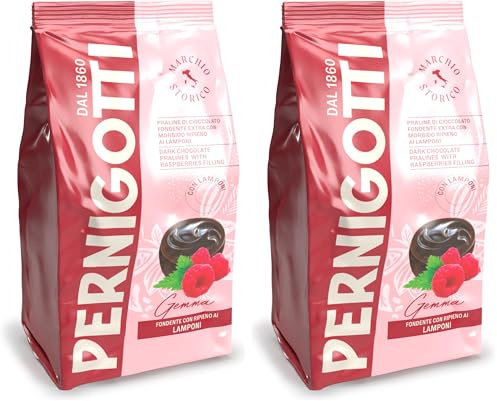 Pernigotti Gemma Fondente Lampone – Cioccolatini Ripieni al Lampone con Cioccolato Fondente 50% – Solo Aromi Naturali – Senza Glutine – Busta da 140 g (Confezione da 2)