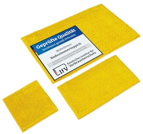 WohnDirect Badematten & Badteppiche Set 3 teilig Gelb • WC Vorleger ohne Ausschnitt 45x45 + Badematte rutschfest 50x80+70x120 groß • Badvorleger rutschfest waschbar • Badezimmerteppich ÖkoTex