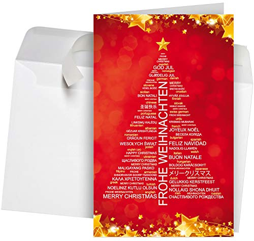 50 Premium Weihnachtskarten mit Umschlag Set für Firmen | hochwertige Klappkarten 12 x 19 cm groß, internationale Weihnachtsgrüße Wordcloud-Baum rot