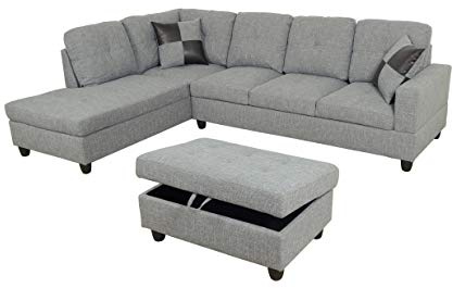AYCP Fine Furniture Sectional Sofa Couch,L-Shaped Modern Style w/Storage Ottoman 3-Piece for Living Room|Linen Upholstery|(2) Toss Pillows (Left Hand Facing, Grey 2)