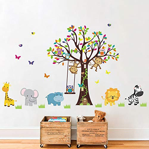 Runtoo Pegatinas de Pared Bosque Animales Árbol Stickers Adhesivos Vinilo Mono Elefante Jirafa Decorativas Infantiles Habitacion Bebe