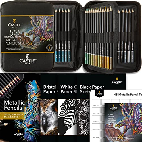 Castle Art Supplies 48-teiliges Metallic-Buntstifte-Set mit Extras | Wachskerne in schimmernde Farbtöne für erfahrene Künstler, Profi- und Farbkünstler | Robustes Reißverschlussetui