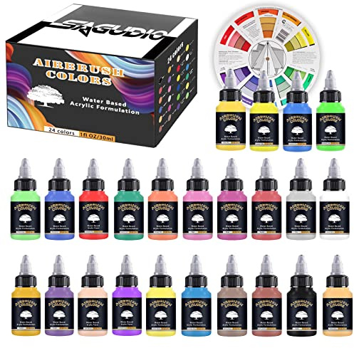 SAGUDIO Airbrush Acrylic Paint Set 24 * 30ml (1oz) Basic Colours Ready to Use Airbrush Kit with Color Wheel - Pre-Thinned for Models, Cakes & Crafts