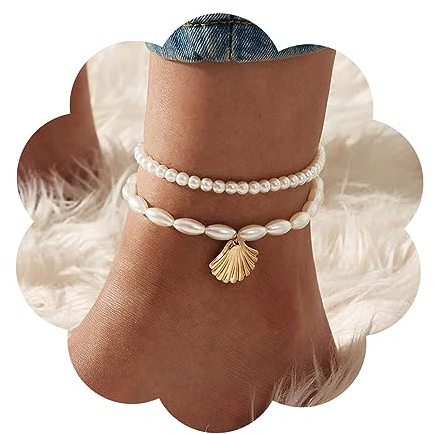 Aneneiceera Mode Strand Perle Fußkettchen Armband Boho Gold Muschel Perle Elastische Knöchel Fuß Hochzeit Schmuck Für Frauen Und Mädchen