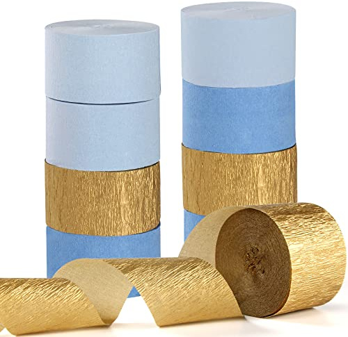 Light-Dusty Blue Gold Party-Decorations Streamers - 9 Rolls Birthday Baby Bridal Shower Wedding Crepe Tissue Paper Streamer Bachelorette Engagement Garland Decor Panduola
