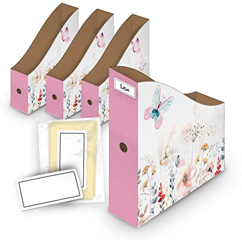 itenga Stehsammler Pappe Motiv Schmetterling für DIN A4-4er Set inkl Beschriftungsetiketten - Zeitschriftensammler Kartonständer Stehsammler Schreibtisch Organizer