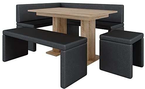 Eckbank Akiko mit Tisch und Bänken - Eckbankgruppe für Ihrem Esszimmer, Küche modern, Sitzecke, Essecke. Perfekt für Küche, Büro und Rezeption. Solide Verarbeitung (Soft 11, 196x142 rechts)