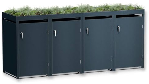 Metzler Mülltonnenbox in Anthrazit mit Pflanzdach 4er 240L, Mülltonnenverkleidung 4 Tonnen, witterungsbeständiger und pulverbeschichteter Stahl mit Automatikdeckel, abschließbar, Garten- und Müllbox | Mülltonnenverkleidung für 4 Tonnen, pulverbeschichteter Stahl, Automatikdeckel mit Gasdruckdämpfer, Garten und Außenbereich