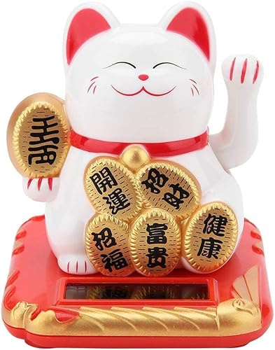 Feng Shui Gift Shop Solar Powered Maneki Neko Lucky Cat Welcoming Cat Adorable Waving Beckoning Fortune Black Gold White for Home Car Decor (White)