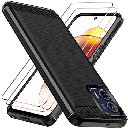 ivoler Skal för Motorola Moto G73 5G med 2 stycken härdat glas, Carbon Fiber Skyddshölje Anti-Stöt, Mjuk TPU Silikon Anti-Shock Case Cover - Svart