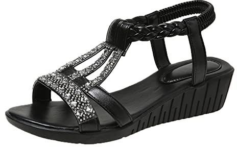 OALEEN Chaussure Sandale Femme Eté Plage Compensée Orthopedique Confortable Bohème Strass Nu-pieds Bride Cheville Mariage Soirée Noir 39