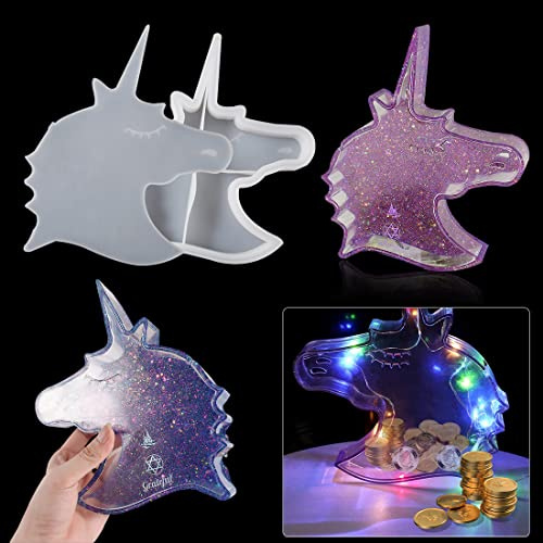 Voyyphixa Unicorn Shape Resin Molds, Resin Box Mold with Lid 3D Piggy Bank Silicone Molds for Epoxy Resin Coin Storage Box Casting Molds for Candy, Jewelry Organizer Container Home Decor