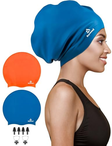 2-pack extra stor badmössa för flätor och dreadlocks, silikonbadmössor för långt hår, väv, förlängningar, lockar och afros, vattentäta badmössor för vuxna badmössor för kvinnor män (orange + marinblå)