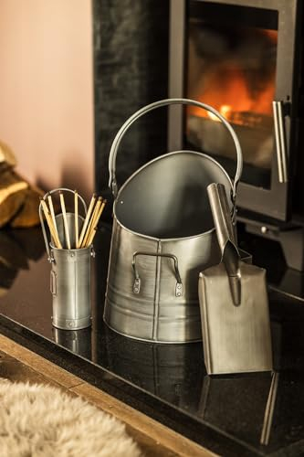 Marco Paul Robuster Kaminkohleeimer Schaufel und Streichholz-Aufbewahrungsbox, Kamin, Asche, Eimer, Holzbrenner, Brennstoff, Metallgrube, Kohle, Aufbewahrungsbehälter, silberfarbener Metallbehälter,