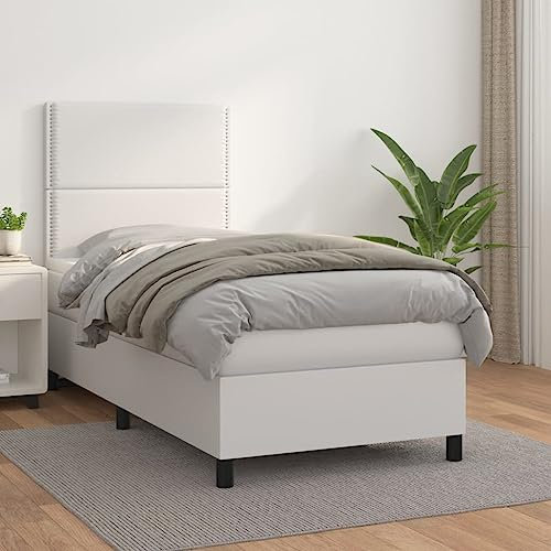 Tidyard Boxspringbett mit Matratze Polsterbett Bettgestell Jugendbett Doppelbett/Einzelbett Gästebett Schlafzimmerbett Balkenbett Bettrahmen Lattenrost Holzbett Bett Weiß 90x190 cm Kunstleder