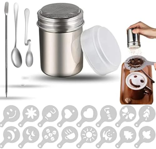 Edelstahl Pulverstreuer Set – 16 Stück Kaffee-Schablonen Latte Art Stift, Kakao Shaker, Kaffee Schablone, Löffel