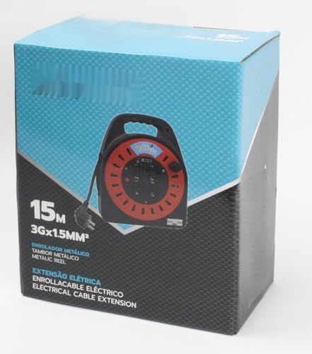 Enrollador extensible de 15m, 4 tomas, 3x1.5mm, material de madera. Ideal para organizar y gestionar cables en oficinas y hogares.