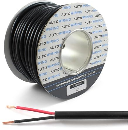 Automotive Round Twin 2 Core Cable 12v 24v Thin Wall Wire (29 AMP Rated 2.5mm²) 10/30/50/100 Metre (10M Coil)