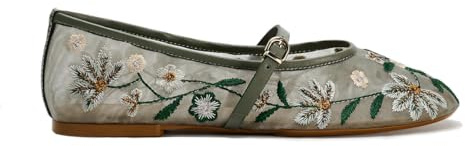 Women's Mesh Flat Mary Janes Embroidered Floral Buckled Strap Flats Casual Comfortable Round Toe Ballerina Shoes Dress Office Shoes for Women Ladies Girls Green Size 5