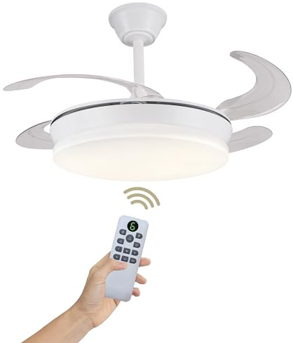 LUMIKING Ventilador de Techo Luz LED 48W Retráctil y Silencioso - Lámpara Ventilador Aspas Plegables con 3 Tonos de Luz (3000-4000-6000K) - 6 Velocidades, Memoria, Modo Verano Invierno, Ø92 cm