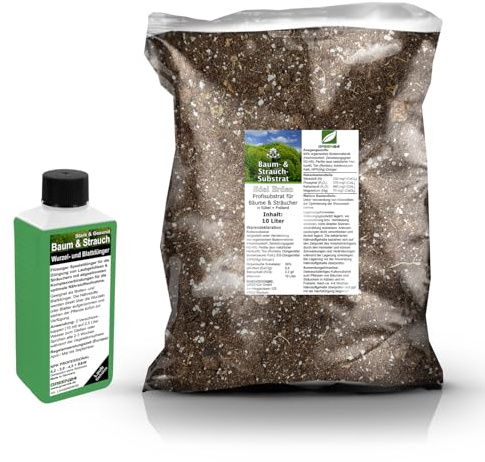 Umtopf - Set für heimische, frostharte, sommergrüne Laubgehölze und Sträucher - bestehend aus 10 Liter Spezial - Substrat und darauf abgestimmten Flüssigdünger NPK Volldünger (für Bäume + Sträucher)
