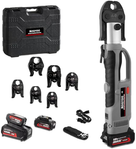 ROGVOC Kit di crimpatura per tubi elettrici con 6 ganasce Pro Press, strumento Pro Press per tubi in rame da 1/2 a 2 pollici e tubi in acciaio inossidabile, 2 batterie da 4 Ah e caricabatterie,