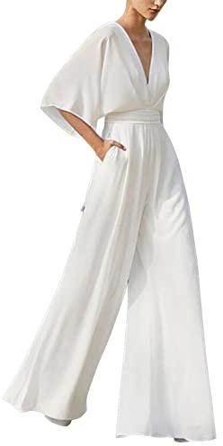Overall Damen Elegant, Jumpsuit Sommer Hosenanzug, Lang Einteiler Outfit Frauen Komplett, Romper Playsuit Kostüm, Einfarbiges Hosenanzug Damen Festlich Hochzeit Mit Ärmeln Casual Sommerjumpsuits Damen