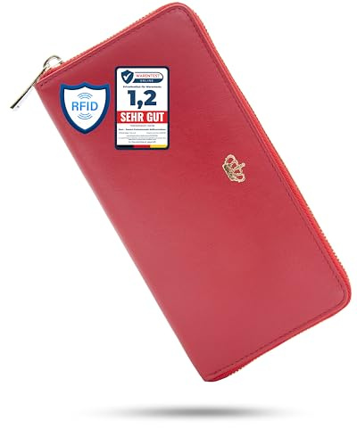 Baur Damen Geldbörse – Echtes Nappaleder mit RFID-Schutz – Großes Portemonnaie mit 12 Kartenfächern und Münzfach – Rundumreißverschluss aus Metall (Rot, Gold Reißverschluss)