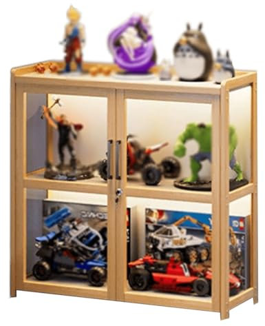 Glasvitrine mit Led Beleuchtung Abschließbar Staubdichte Figurenvitrine mit Doppeltür Hochauflösende Spielzeugvitrine mit Großer Kapazität für Action Figuren Spielzug, MiniFiguren(Brass,60x32.4x72cm)