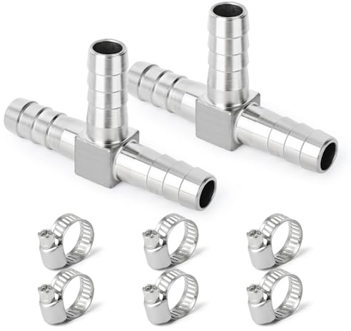 TAISHER 2 Stück 304 Edelstahl 10MM Schlauch Barb Fittings，3 Way Tee T Form Joint Splicer Mender Fitting Union für Kraftstoff/Luft/Flüssigkeit/Gas mit 6 Stück Schlauchschelle