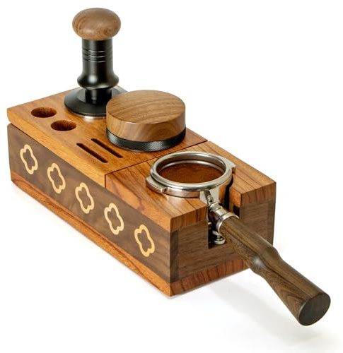Pevfeciy Tamperstation 58mm, Tamper Station Holz, Espresso Tamping Station aus Walnuss, Einstellbare Höhe