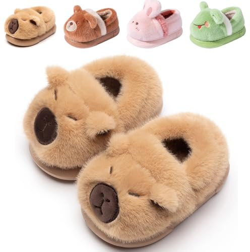 DRECAGE Kinder Hausschuhe für Mädchen und Jungen, Winter Plüsch Pantoffeln Warm Gefüttert Flauschig Süß Bequem 316 Khaki 230 34 EU