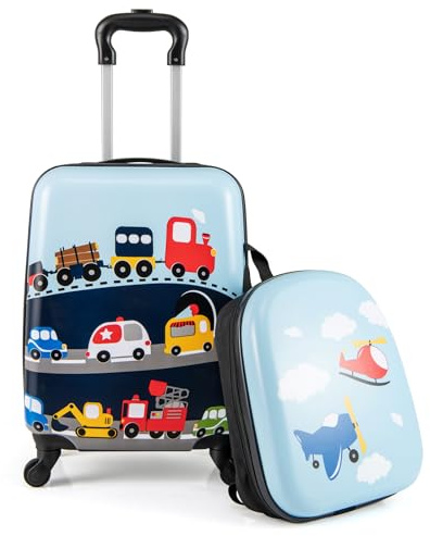 COSTWAY Juego de 17 Maleta Cabina Infantil con 13 Mochila Rígida, Maleta Viaje Niños con Ruedas Universales, Equipaje de Viaje para Niños con Mango Ajustable (Cochecito)