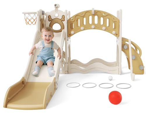 6-in-1 Kinderrutsche für drinnen und draußen, Freistehende Kleinkinderrutsche für 1-3, Vitality Elch Element Kleinkinderrutsche, Rutsche mit Kletterleiter und Basketballkorb (6in1, Khaki)
