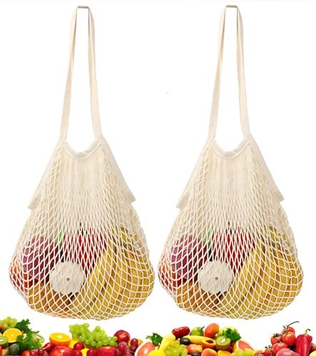 TAKONE 2 Stück Einkaufsnetz Baumwolle – Wiederverwendbare Netzbeutel | 2 Stück, 100% Baumwolle, 35x36 cm, waschbar, faltbar, tragbar, für Obst & Gemüse