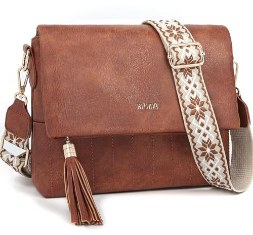BITUOR Umhängetasche Damen Handtasche Schultertaschen mit zwei ReißverschlussFächern Fransenverzierung taschen damen mit Verstellbar Schultergurt