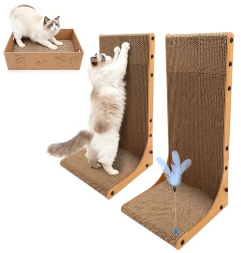 Goosheep Cat Scratching Post, 3-in1 Scratching Board for Indoor Cats, 2PK 22in L-Shaped Cat Scratcher with 1PK Cardboard Box Scratch Pad, Cats Scratch Furniture Protector with Feathered Toy