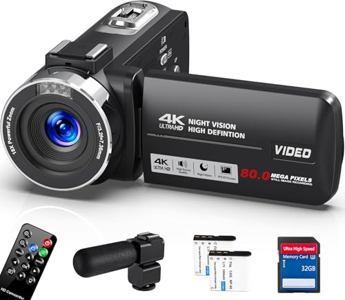 Peryoua 4K HD 80MP Video Camera Camcorder 18X Digital Zoom 3.0 IPS Screen Video Recorder Vlogging Camera for YouTube IR Night Vision Camera with 32GB SD Card, 2 Batteries, Remote Control