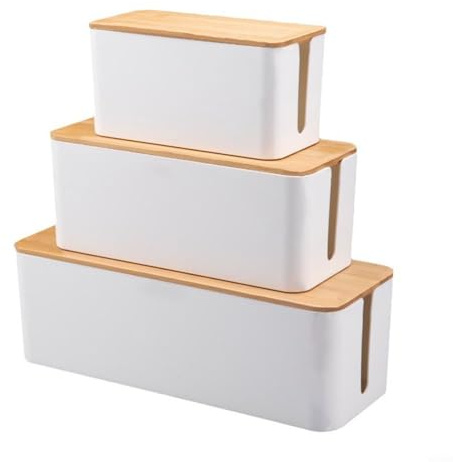 GLFLOW Grande boîte de rangement de câbles avec couvercle en bois pour la gestion des câbles, 40,5 x 15,7 x 13,6 cm, boîtier en ABS blanc et en carton pour le rangement de multiprises (A)