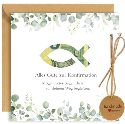 Susan's Choice Geldgeschenk Konfirmation mit Umschlag – konfirmationsgeschenke mit Motiv Fisch & Eukalyptus - Quadratisch für Jungen & Mädchen, Verpackung Geldgeschenk Konfirmation