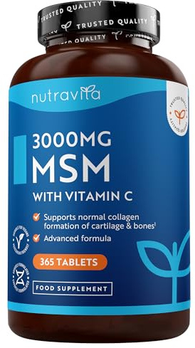 Nutravita MSM Supplements 3000mg Tablets with 120g Vitamin C – Methylsulfonylmethane Supplement – 365 Vegan Tablets – 4 Month Supply - MSM Powder Alternative