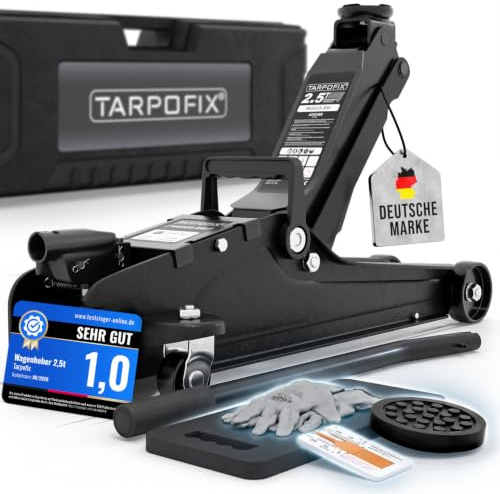 Tarpofix® Hydraulischer Wagenheber 2,5t flach mit Koffer, 85–380 mm Hubhöhe | Premium-Komplettset: Rangierwagenheber mit Hydraulikhub | für SUV & tiefergelegte Autos | mit Koffer & Bodenmatte | Schwarz