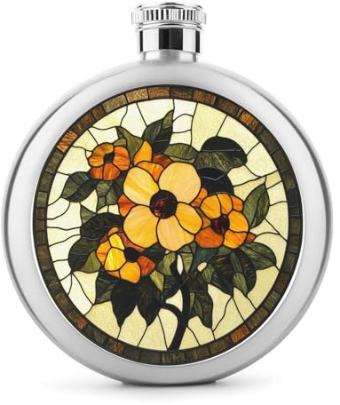 Flachmann aus Edelstahl mit bunten Blumen und gelben und orangen Blumen, runde Tasche, tragbare Weinflasche für Getränke, 142 ml