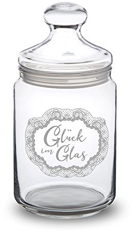 Casa Vivente Bonboniere mit Gravur, Motiv Glück im Glas, Bonbonglas, Vorratsglas mit luftdichtem Deckel, Geburtstagsgeschenk